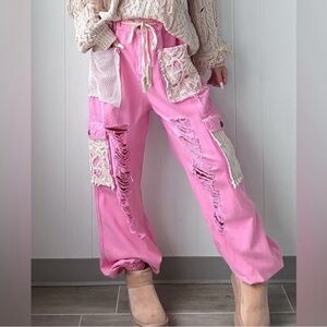 POL Crochet Lace Patchwork Distressed Drawstring Jogger Pants in Barbie Pink Med